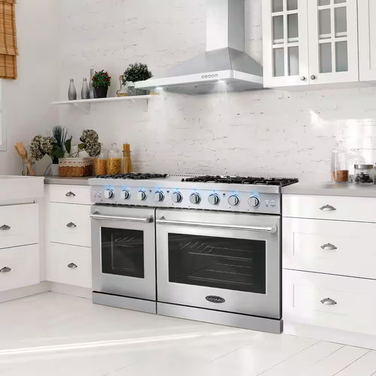 48 In. Haven Collection 7 Cu. Ft. Double Oven Gas Range, 6-Burners, Griddle, Convection, Knob Leds, Stainless Steel