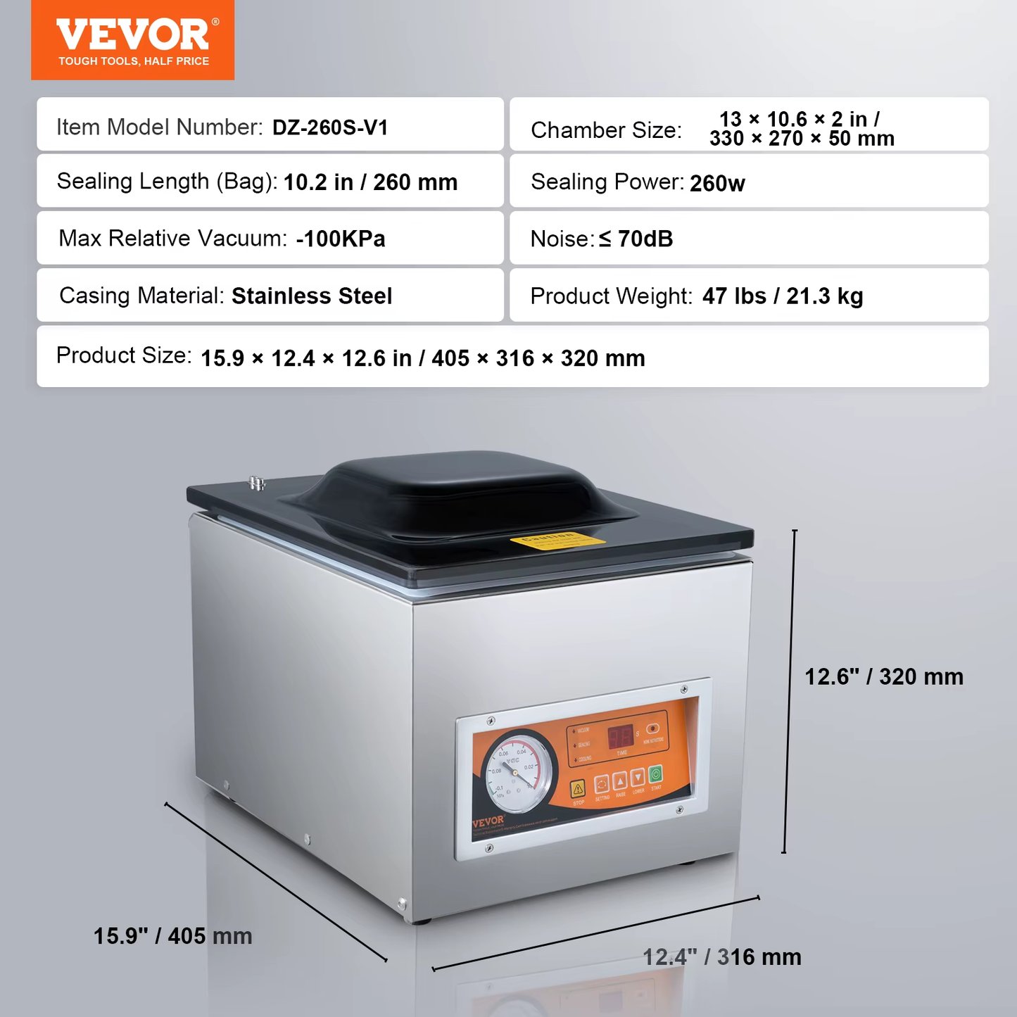 DZ-260S Chamber Vacuum Sealer 260W Vacuum Packing Machine with 10.2" Sealing Length for Wet Foods Meats Home Kitchen