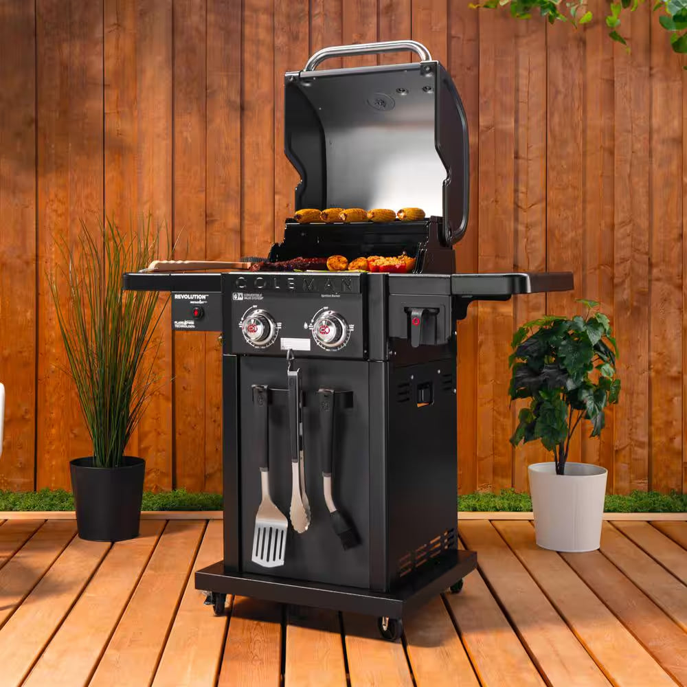 Revolution 2-Burner Gas BBQ Grill in Black with 440 Sq. In. Total Cooking Surface, 2-Side Shelves, Flare-Free Grates