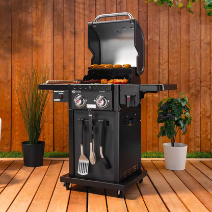 Revolution 2-Burner Gas BBQ Grill in Black with 440 Sq. In. Total Cooking Surface, 2-Side Shelves, Flare-Free Grates