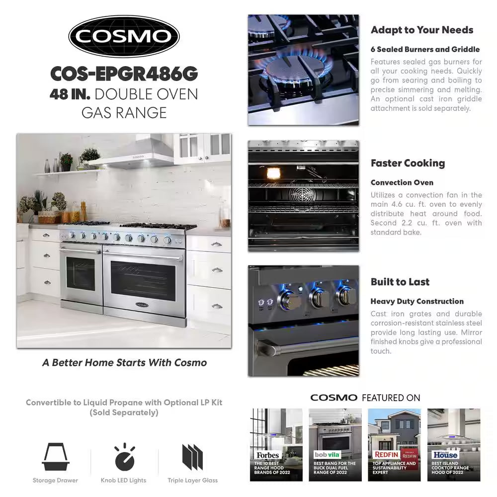 48 In. Haven Collection 7 Cu. Ft. Double Oven Gas Range, 6-Burners, Griddle, Convection, Knob Leds, Stainless Steel