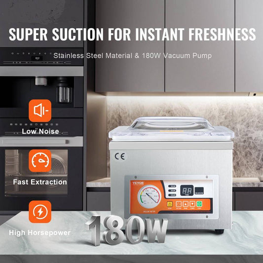 Chamber Vacuum Sealer, 260-Watt Sealing Power, White Vacuum Packing Machine for Wet Foods, Meats, Silver, 10.5 In. L