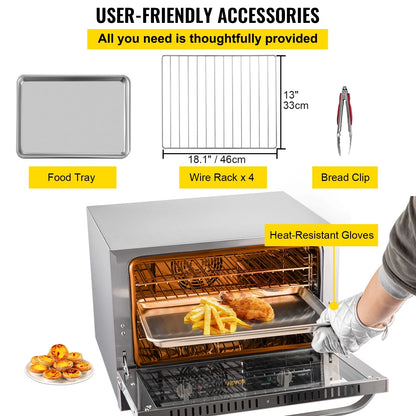 Commercial Convection Oven, Professional Countertop Oven66L/60Qt, Mid-Size Conventional Oven Countertop, 1800W 4-Tier Toaster with Front Glass Door