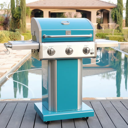 3-Burner Gas Grill, Outdoor BBQ Grill, Propane Grill with Foldable Side Tables, Teal Green