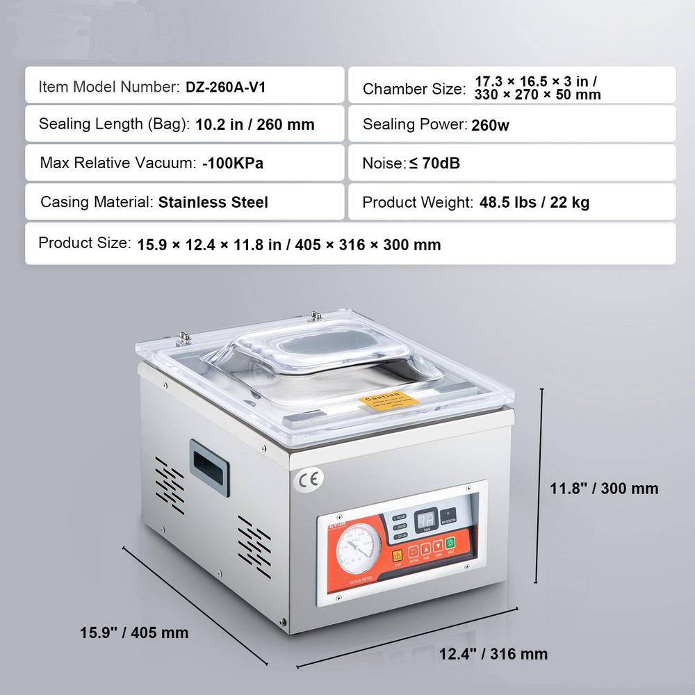 Chamber Vacuum Sealer, 260-Watt Sealing Power, White Vacuum Packing Machine for Wet Foods, Meats, Silver, 10.5 In. L