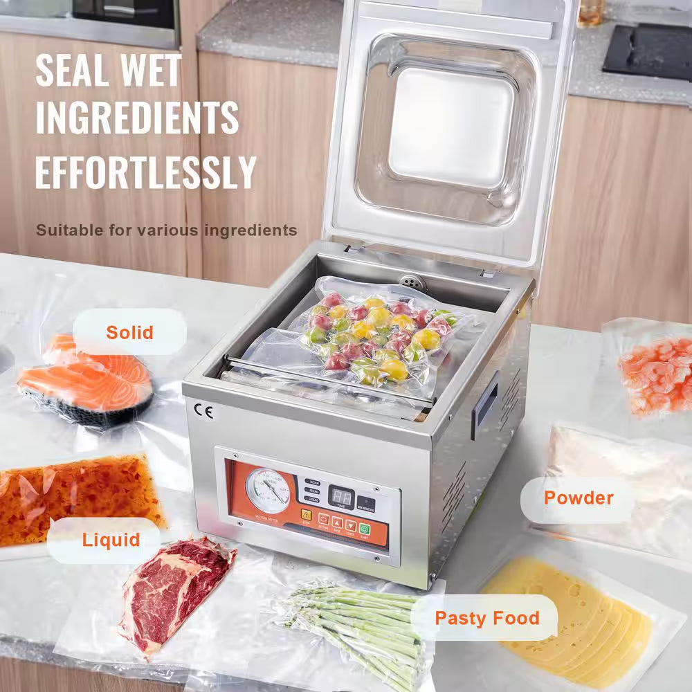 Chamber Vacuum Sealer, 260-Watt Sealing Power, White Vacuum Packing Machine for Wet Foods, Meats, Silver, 10.5 In. L