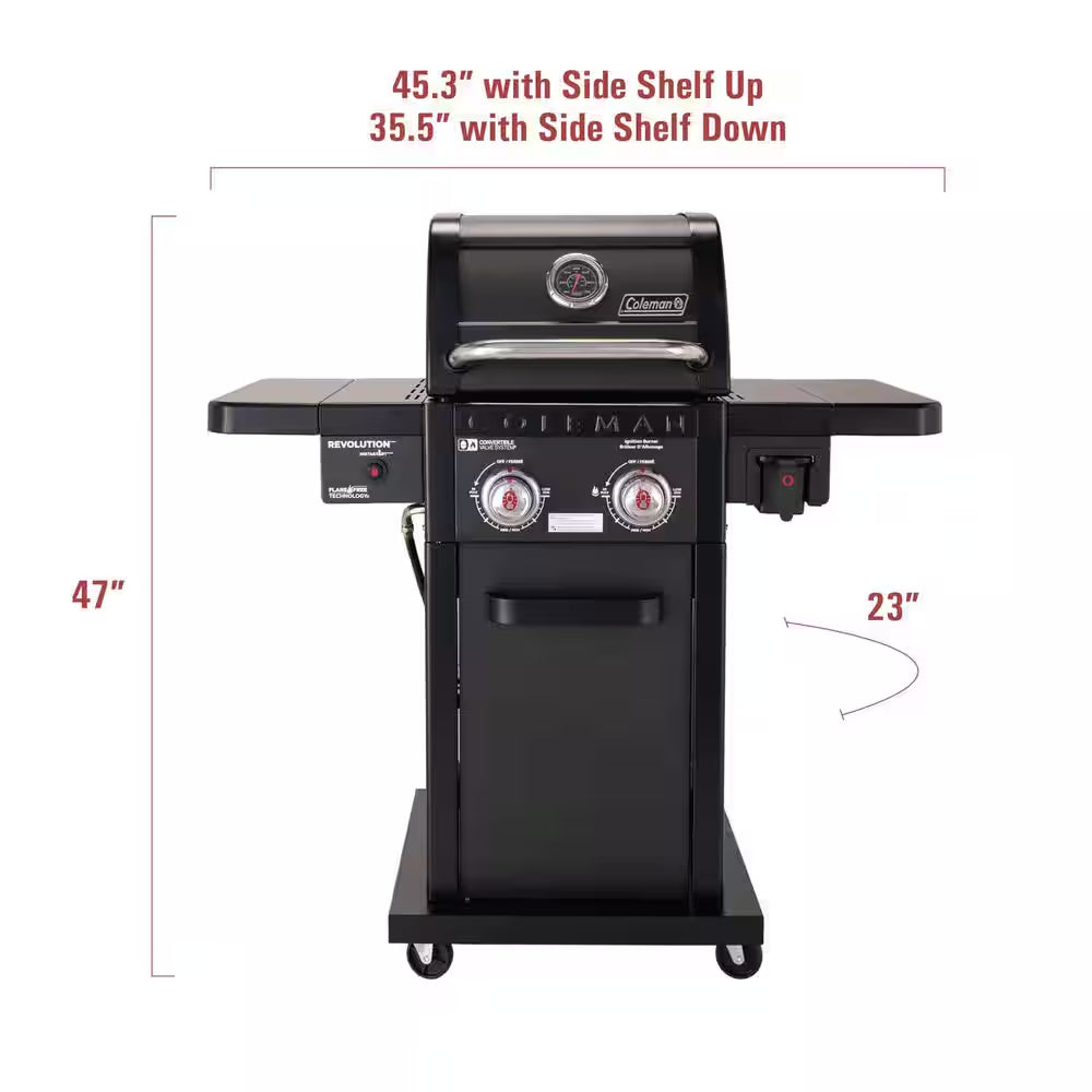 Revolution 2-Burner Gas BBQ Grill in Black with 440 Sq. In. Total Cooking Surface, 2-Side Shelves, Flare-Free Grates