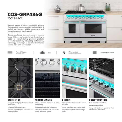 48 In. Vista Collection 5.5 Cu. Ft. Double Oven Gas Range, 8 Burners, LED Panel, Cast Iron Grates, Stainless Steel