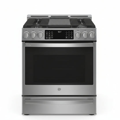 Profile 30-In 5 Burners 5.6-Cu Ft Air Fry Convection Oven Slide-In Natural Gas Ran ( Finrprint Resistant Stainless Steel )