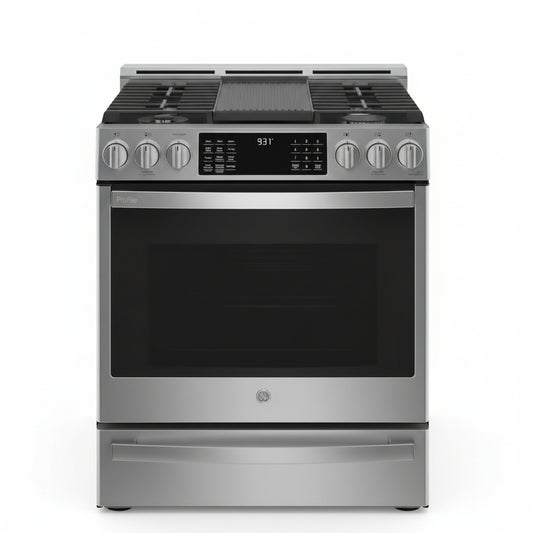 Profile 30-In 5 Burners 5.6-Cu Ft Air Fry Convection Oven Slide-In Natural Gas Ran ( Finrprint Resistant Stainless Steel )