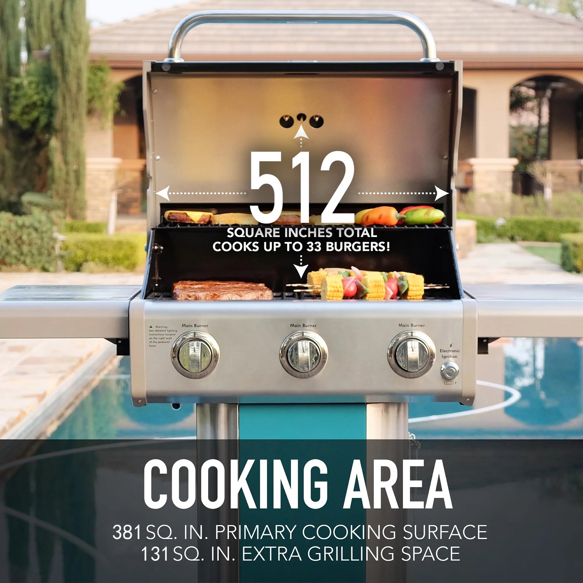3-Burner Gas Grill, Outdoor BBQ Grill, Propane Grill with Foldable Side Tables, Teal Green