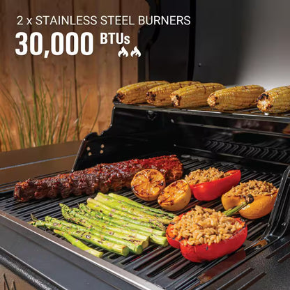 Revolution 2-Burner Gas BBQ Grill in Black with 440 Sq. In. Total Cooking Surface, 2-Side Shelves, Flare-Free Grates