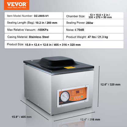 DZ-260S Chamber Vacuum Sealer 260W Vacuum Packing Machine with 10.2" Sealing Length for Wet Foods Meats Home Kitchen