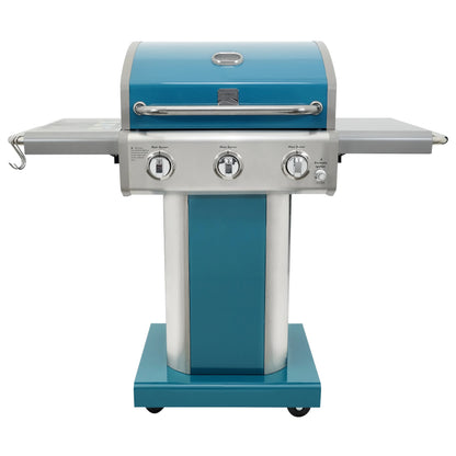 3-Burner Gas Grill, Outdoor BBQ Grill, Propane Grill with Foldable Side Tables, Teal Green