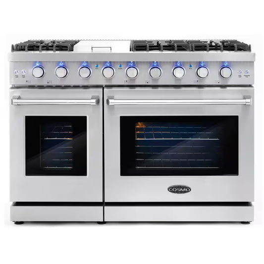 48 In. Haven Collection 7 Cu. Ft. Double Oven Gas Range, 6-Burners, Griddle, Convection, Knob Leds, Stainless Steel