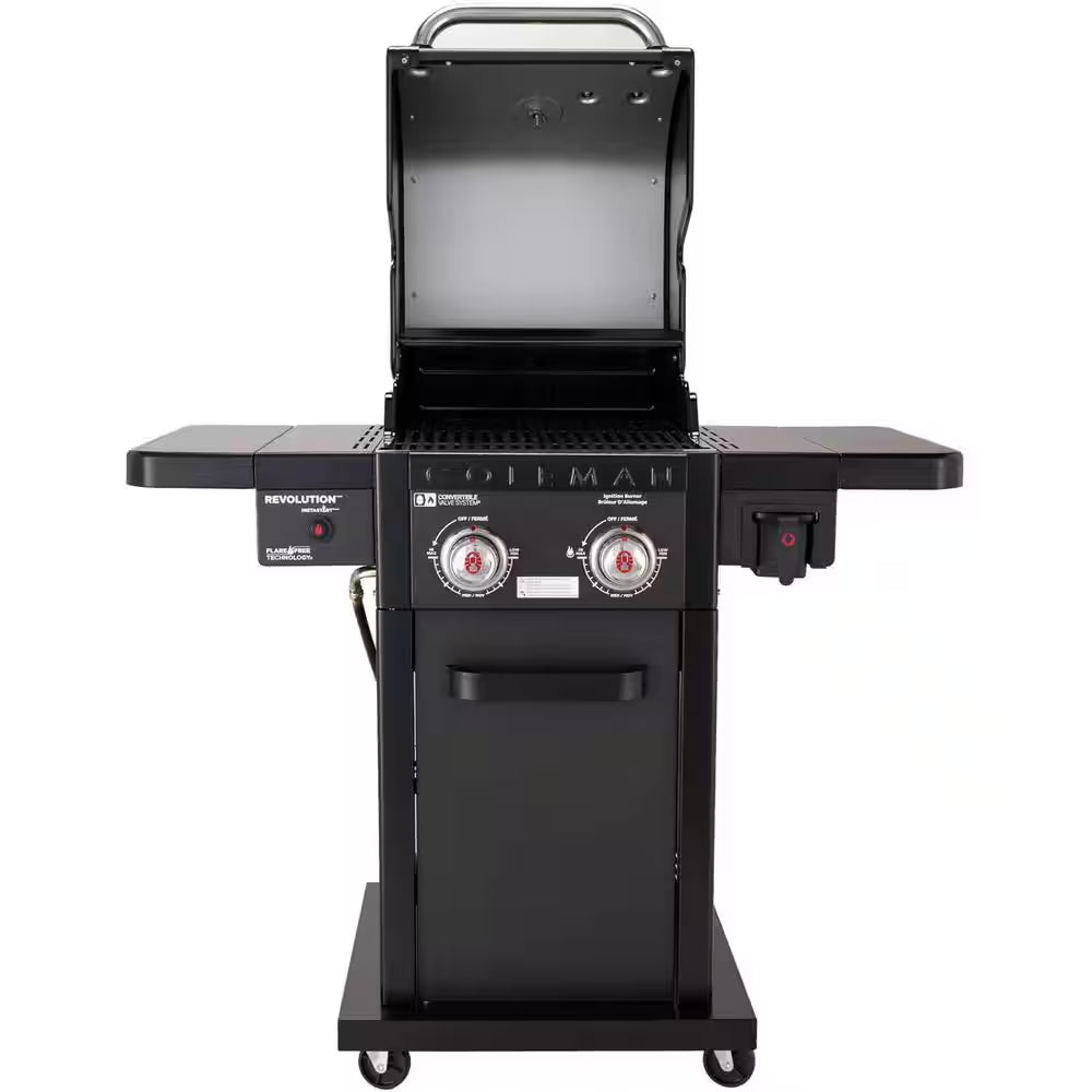 Revolution 2-Burner Gas BBQ Grill in Black with 440 Sq. In. Total Cooking Surface, 2-Side Shelves, Flare-Free Grates