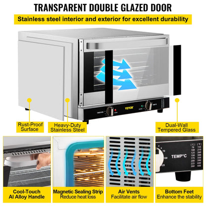 Commercial Convection Oven, Professional Countertop Oven66L/60Qt, Mid-Size Conventional Oven Countertop, 1800W 4-Tier Toaster with Front Glass Door