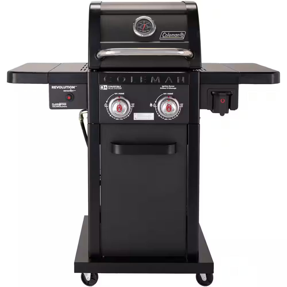 Revolution 2-Burner Gas BBQ Grill in Black with 440 Sq. In. Total Cooking Surface, 2-Side Shelves, Flare-Free Grates