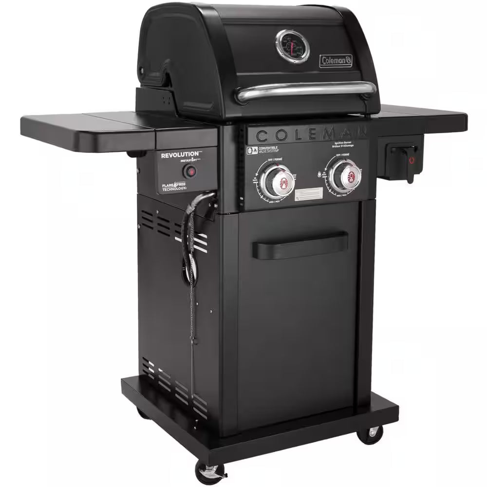Revolution 2-Burner Gas BBQ Grill in Black with 440 Sq. In. Total Cooking Surface, 2-Side Shelves, Flare-Free Grates
