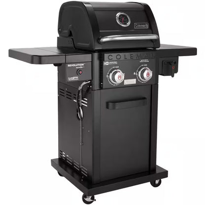 Revolution 2-Burner Gas BBQ Grill in Black with 440 Sq. In. Total Cooking Surface, 2-Side Shelves, Flare-Free Grates