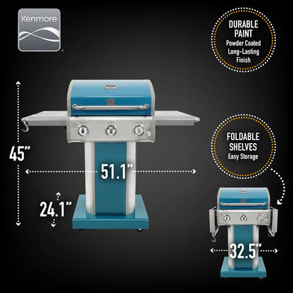 3-Burner Gas Grill, Outdoor BBQ Grill, Propane Grill with Foldable Side Tables, Teal Green